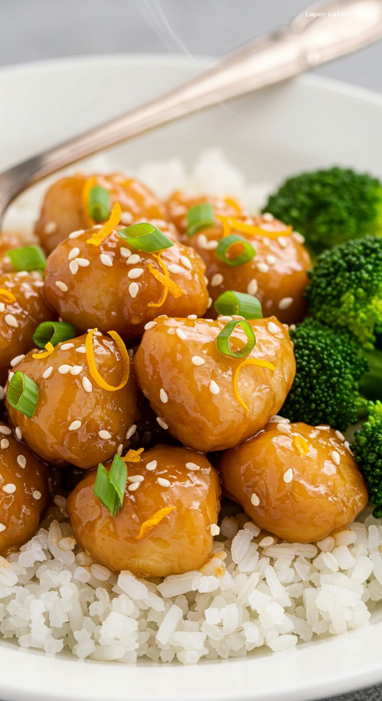 Orange Chicken Rice Bowl with Broccoli and Scallions – Closeup