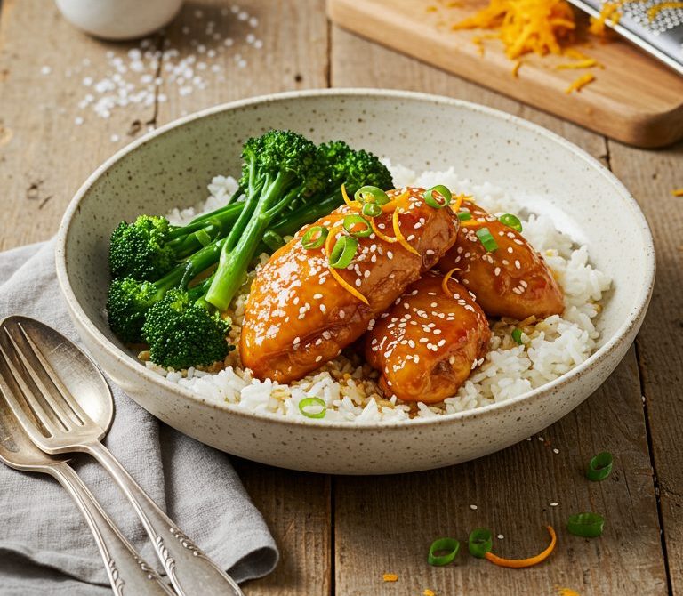 Orange Chicken Rice Bowl with Broccoli and Scallions