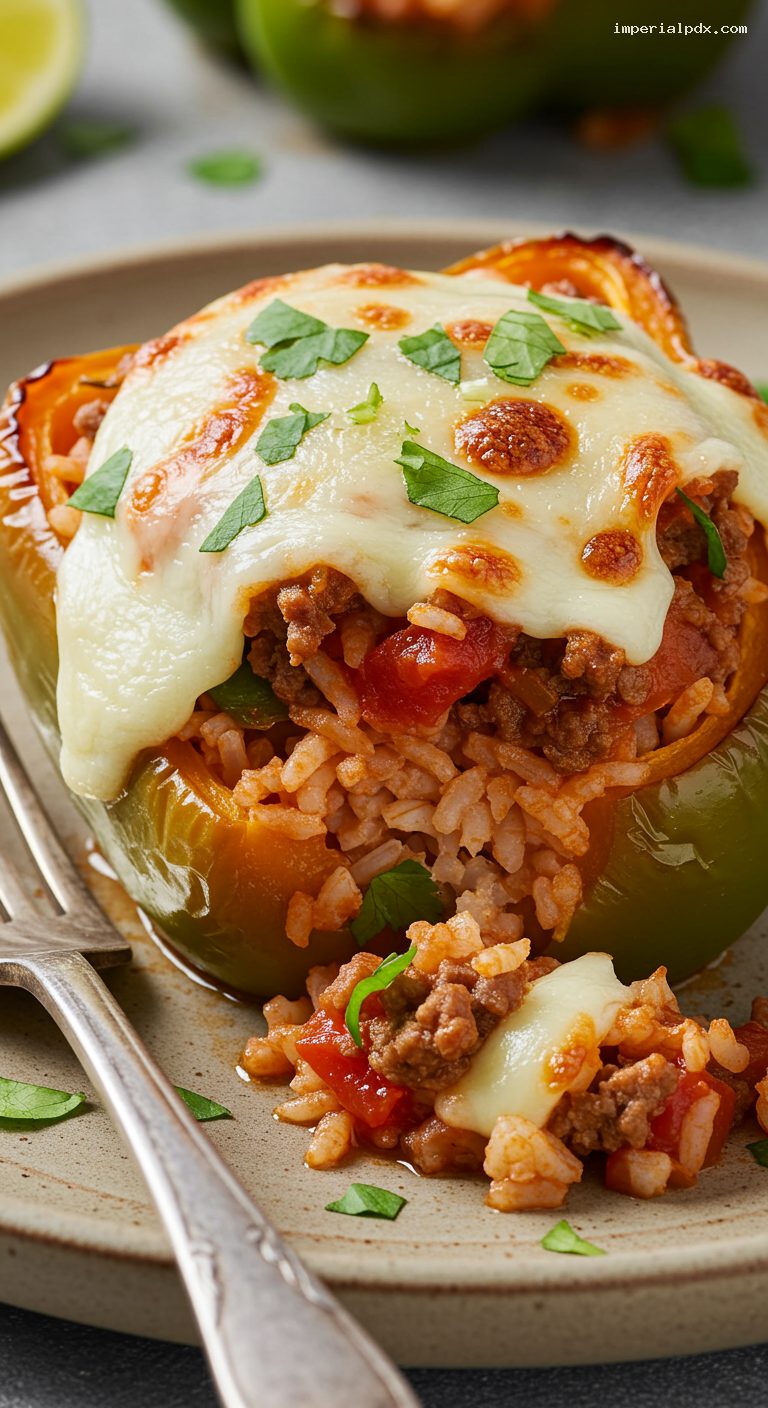 Oven-Baked Stuffed Peppers with Beef, Rice, and Tomato – Closeup