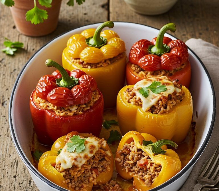 Oven-Baked Stuffed Peppers with Beef, Rice, and Tomato