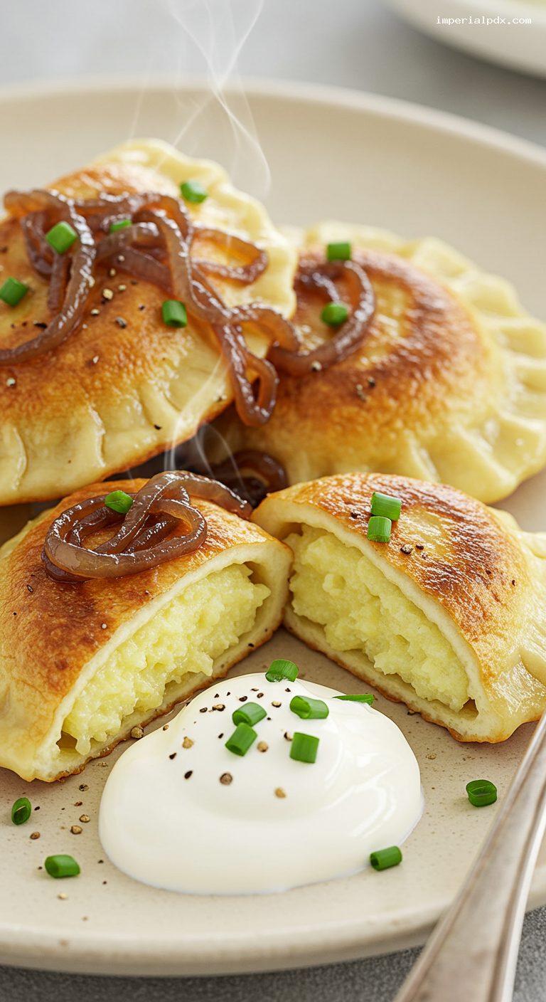 Pan-Crisped Pierogi with Caramelized Onions and Chives – Closeup