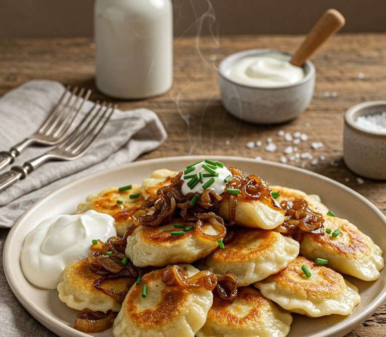 Pan-Crisped Pierogi with Caramelized Onions and Chives