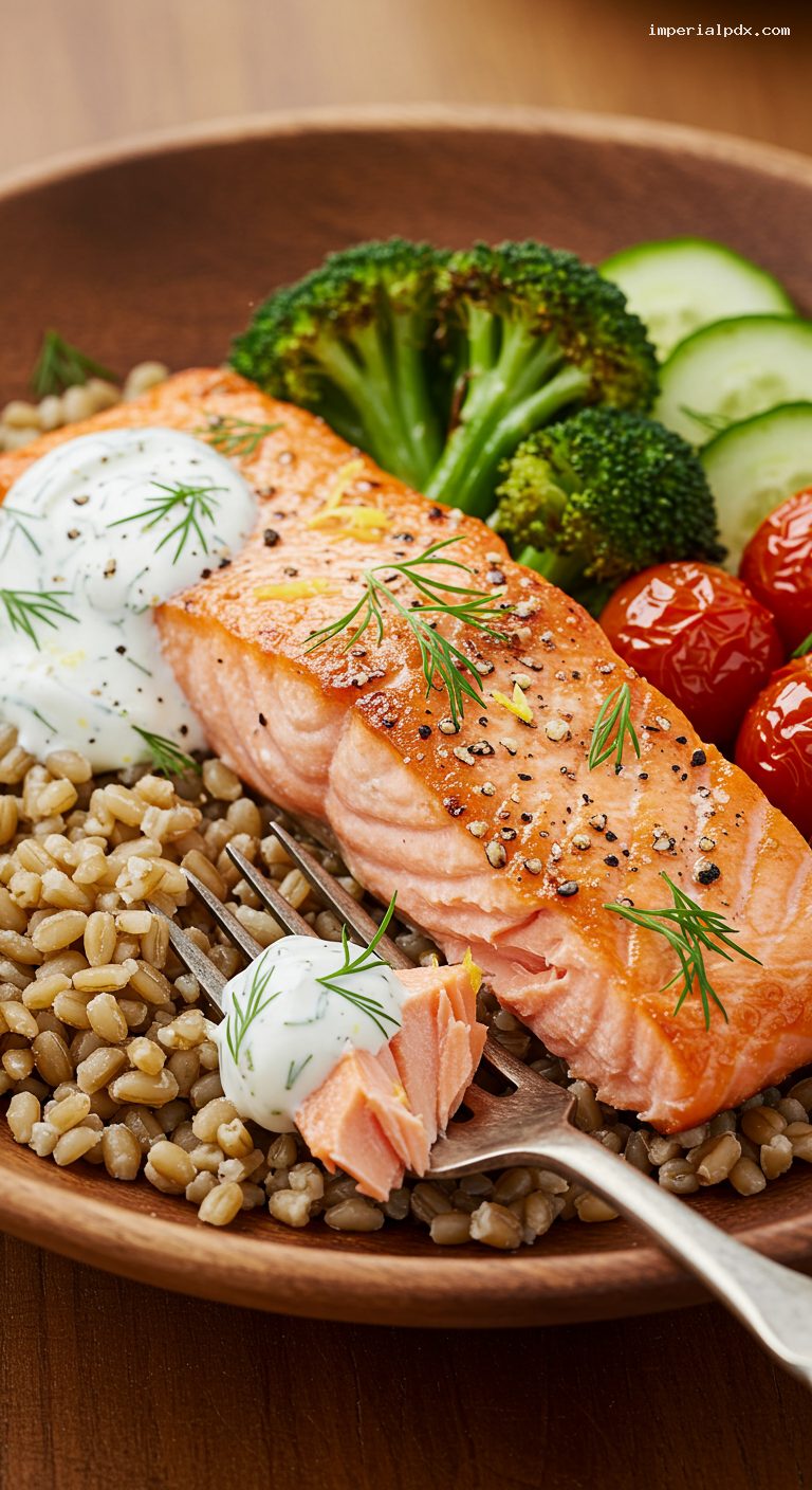 Pan-Seared Salmon Grain Bowl with Lemon-Dill Yogurt – Closeup