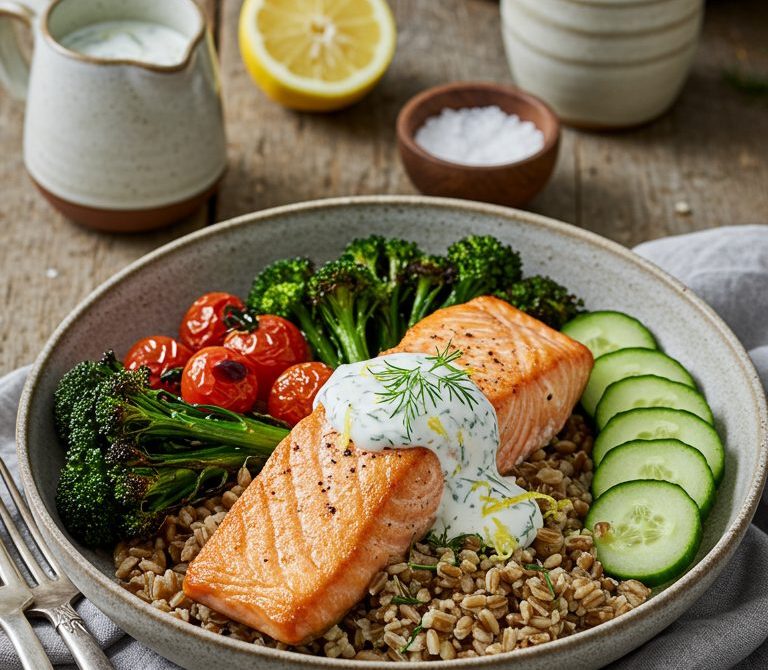 Pan-Seared Salmon Grain Bowl with Lemon-Dill Yogurt