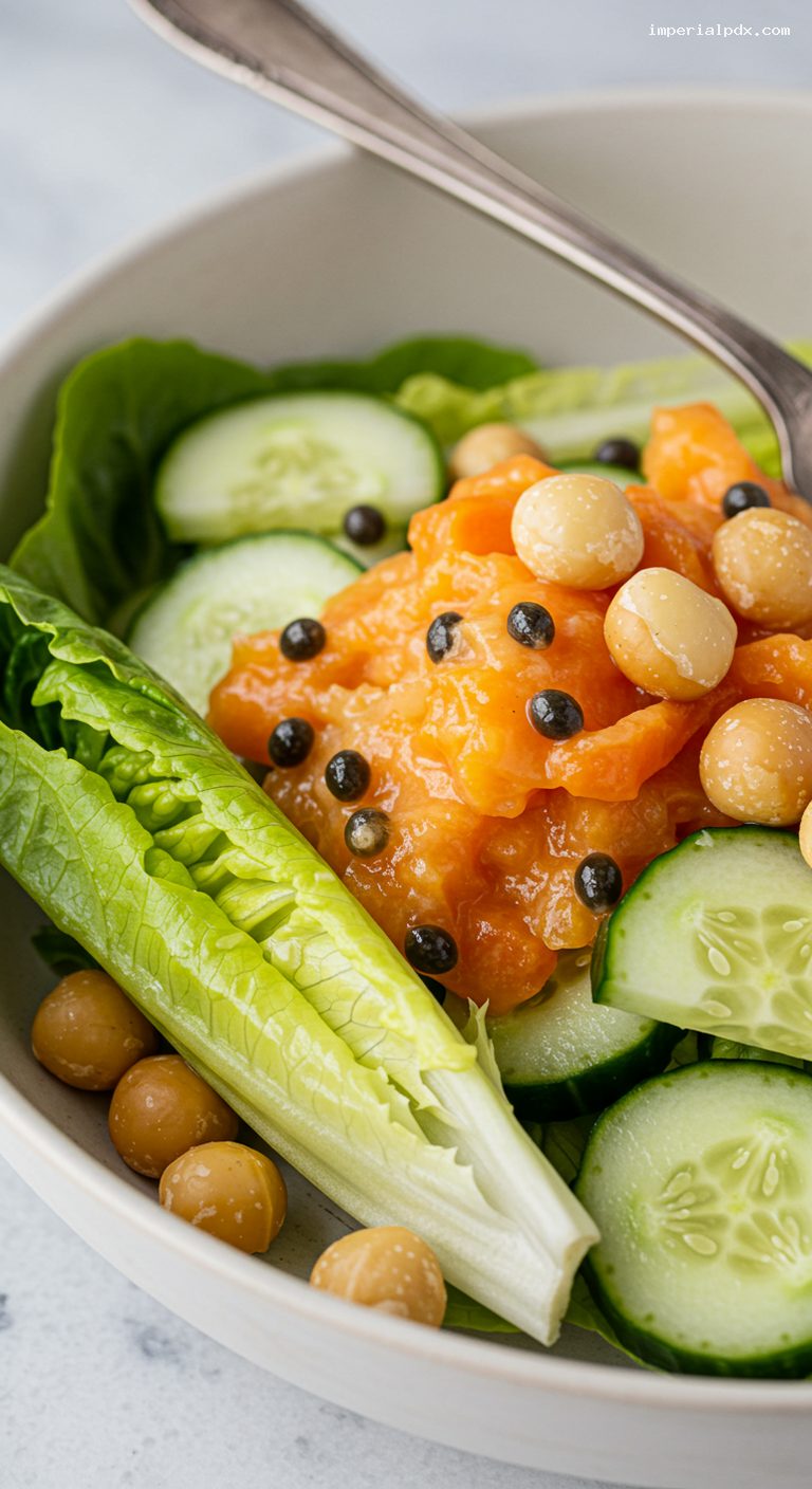Papaya Seed Dressing Salad with Macadamia Nuts – Closeup