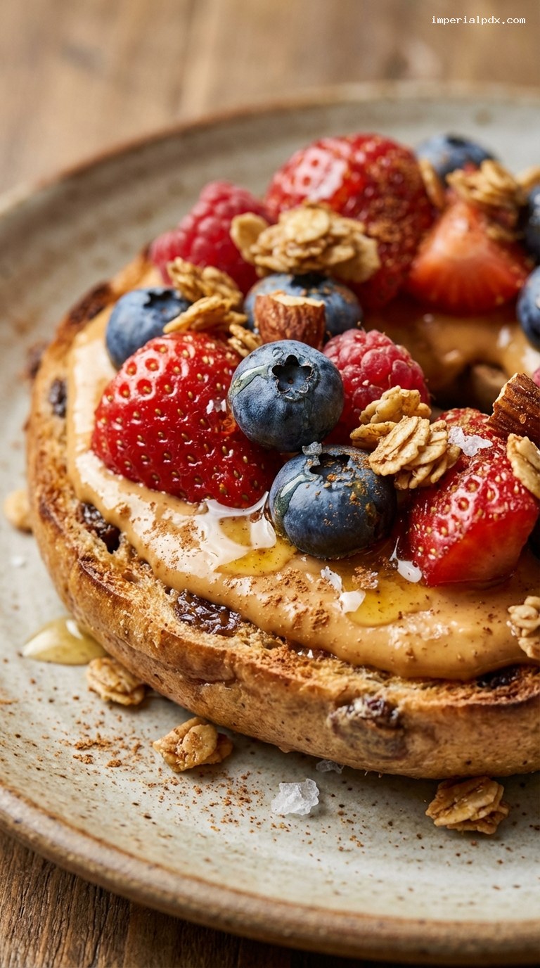 Peanut Butter Berry Crunch Bagel Breakfast – Closeup