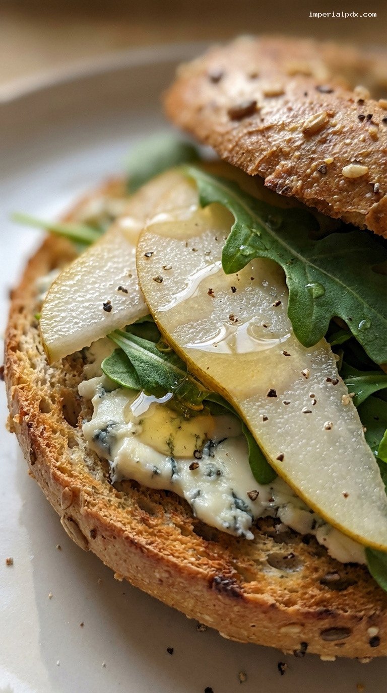 Pear and Blue Cheese Arugula Bagel with Honey – Closeup