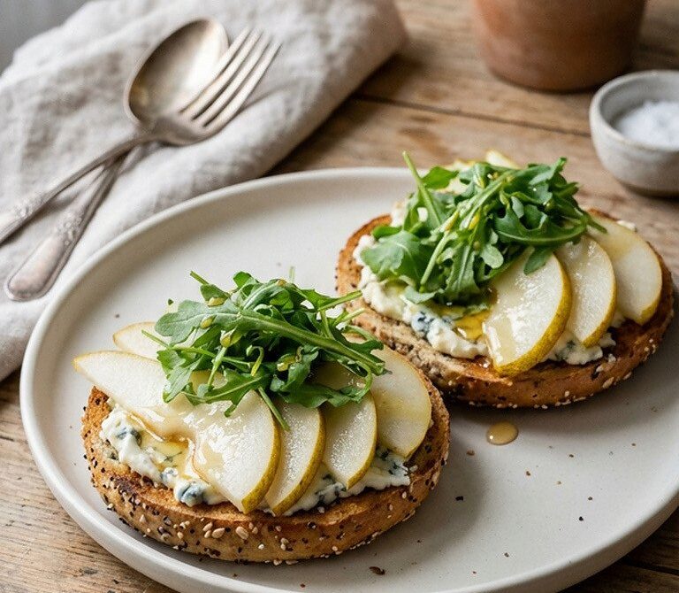Pear and Blue Cheese Arugula Bagel with Honey