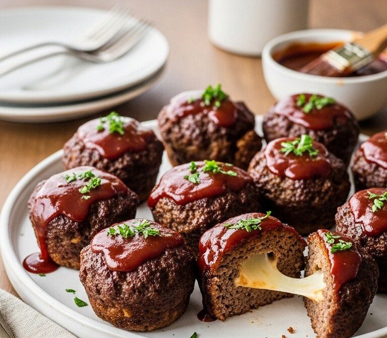 Pepper Jack Stuffed Mini Meatloaf Muffins with BBQ Glaze