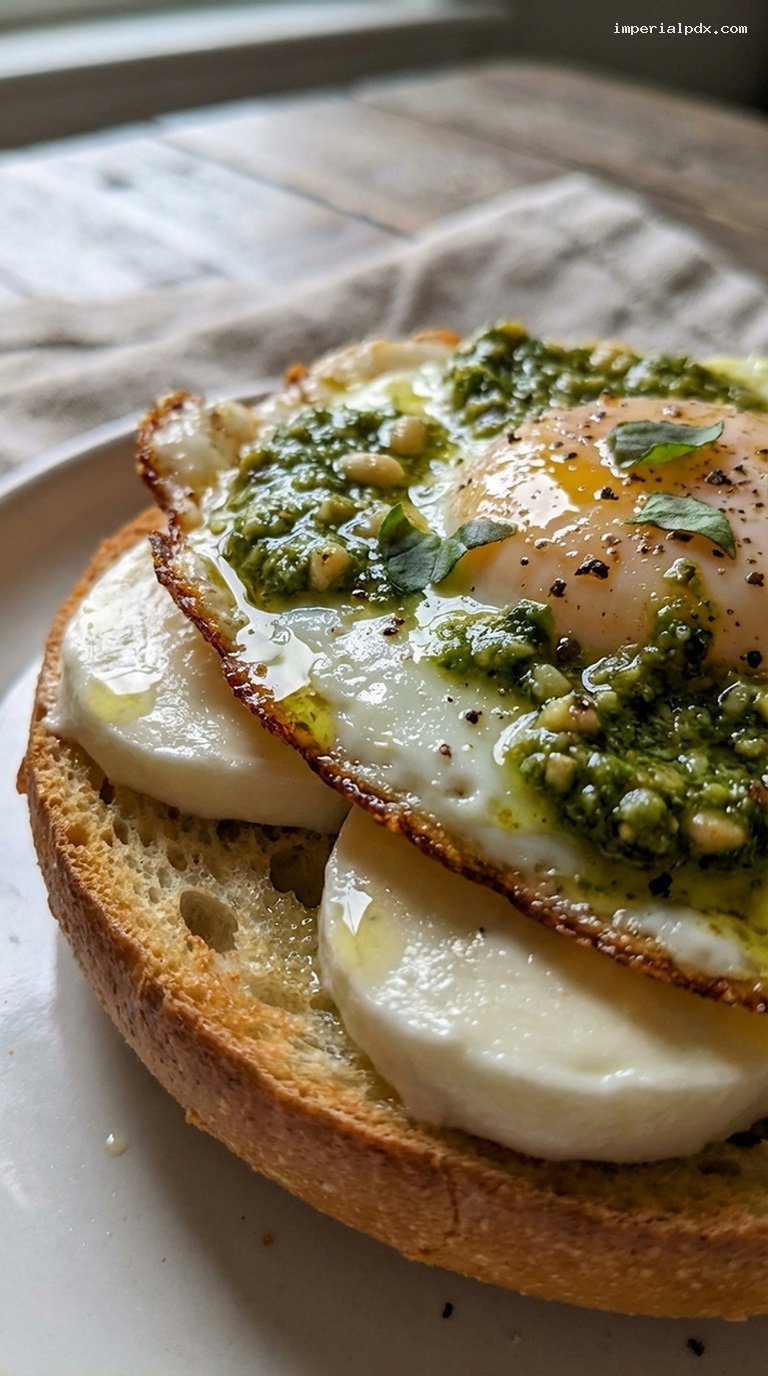 Pesto Egg and Mozzarella Breakfast Bagel – Closeup