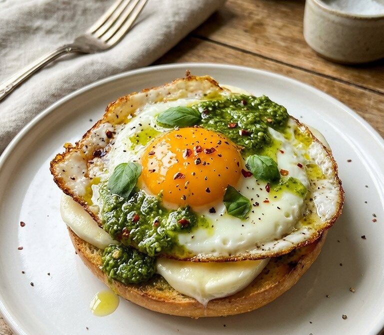 Pesto Egg and Mozzarella Breakfast Bagel
