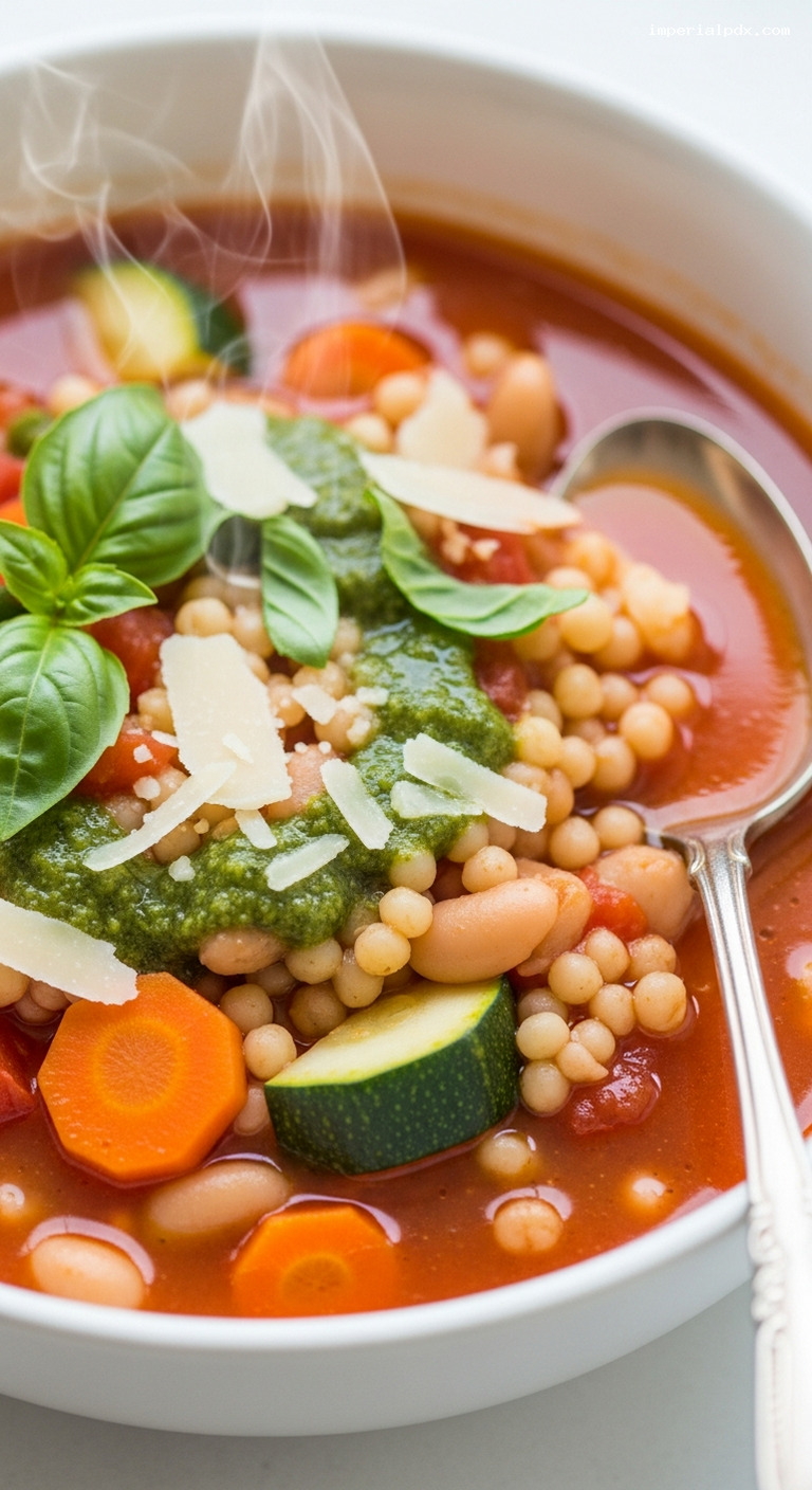 Pesto Minestrone with Cannellini Beans and Vegetables – Closeup