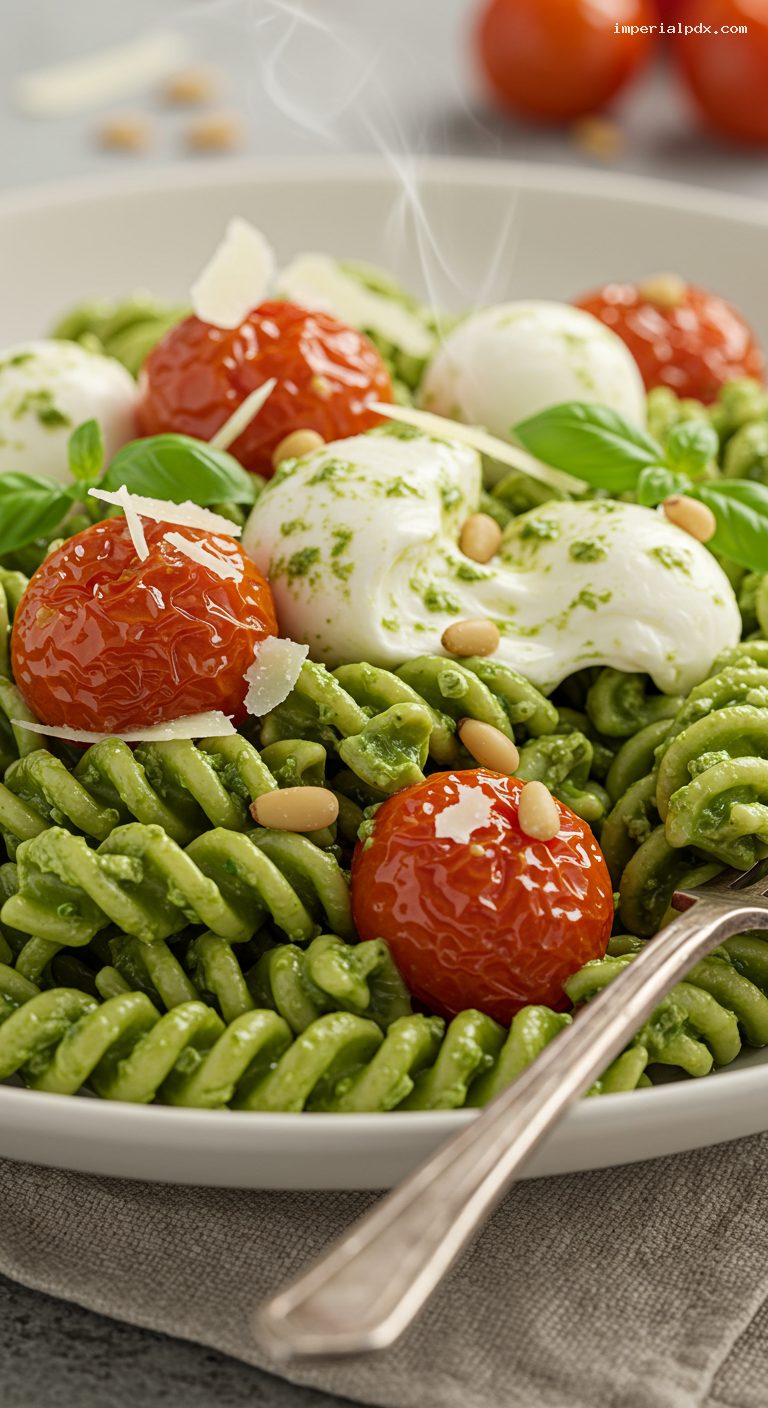 Pesto Pasta with Blistered Tomatoes and Mozzarella – Closeup