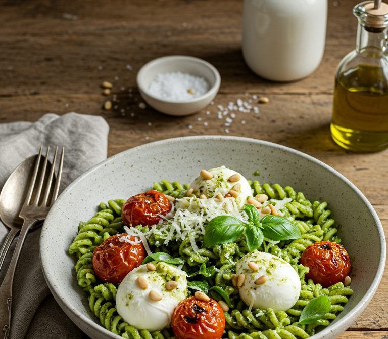 Pesto Pasta with Blistered Tomatoes and Mozzarella