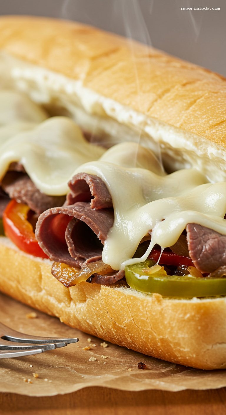 Philly Cheesesteak Hoagie with Onions and Peppers – Closeup
