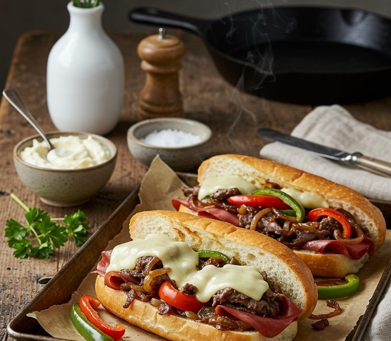 Philly Cheesesteak Hoagie with Onions and Peppers