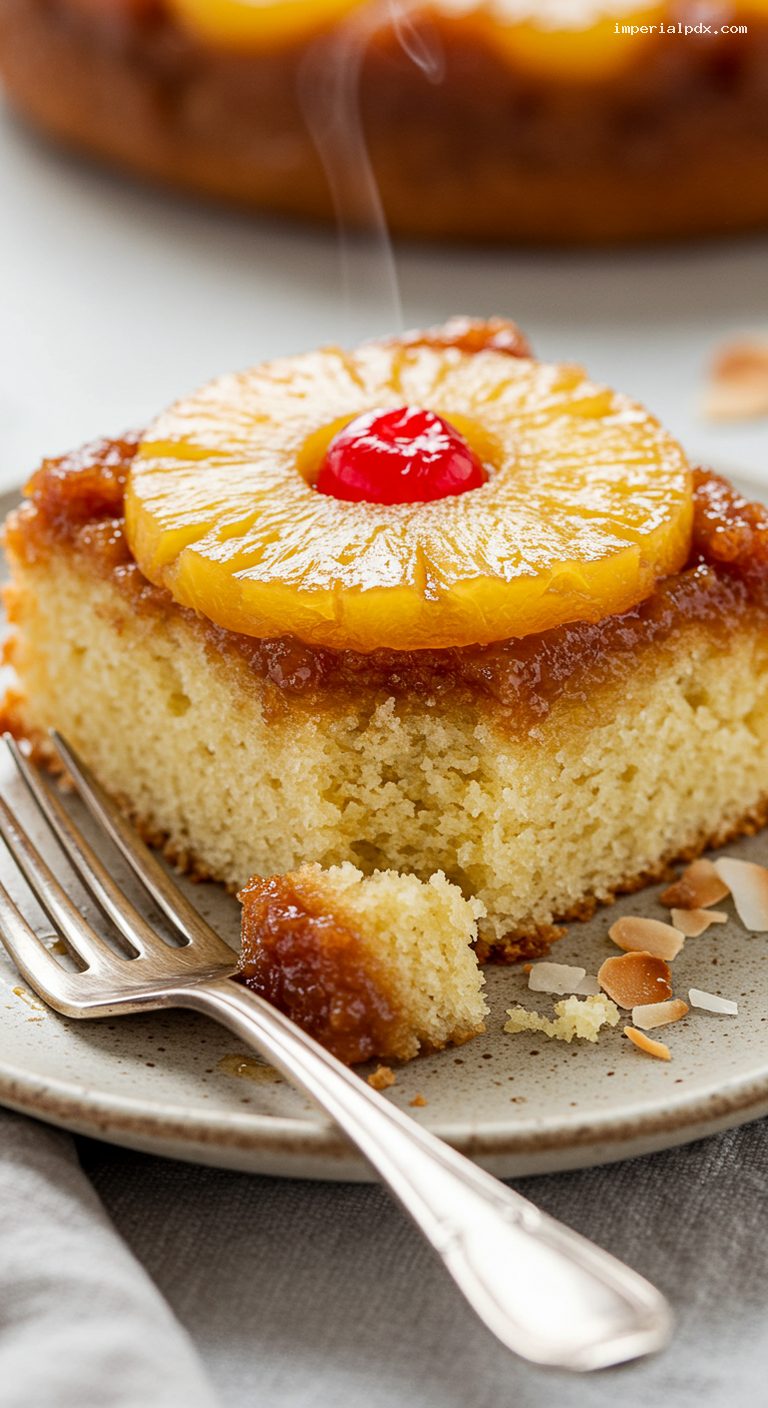 Pineapple Upside-Down Cake with Caramelized Fruit – Closeup