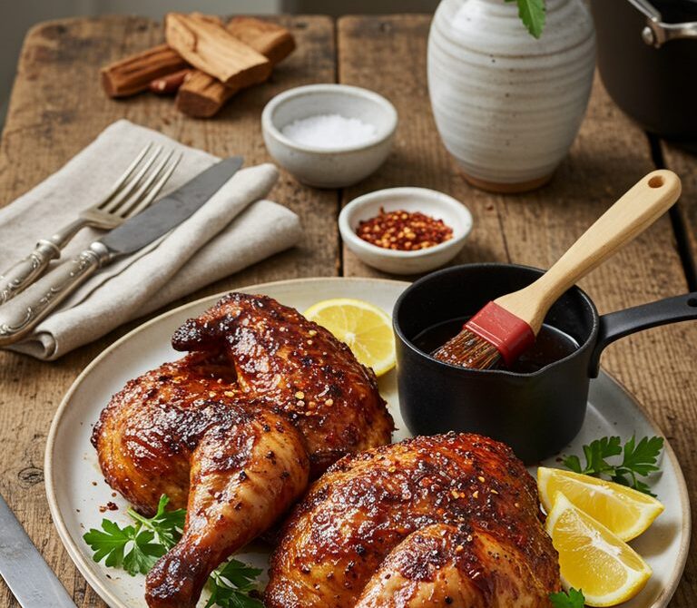 Pit-Style Smoked Chicken Halves with Pepper Vinegar Mop