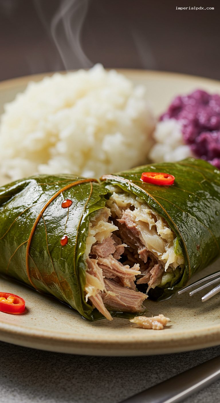 Pork and Butterfish Lau Lau with Lu‘au Leaves – Closeup