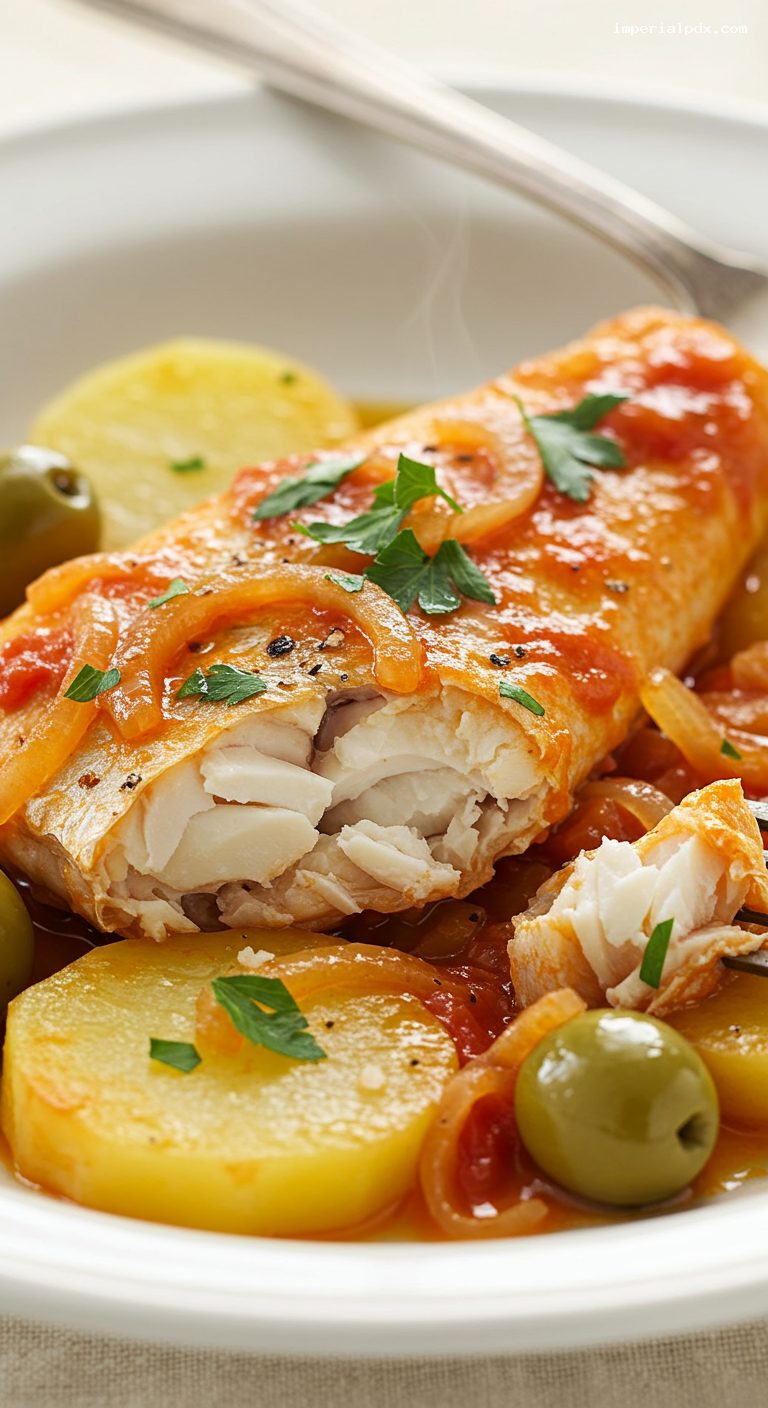 Portuguese Hake Stew with Peppers and Olives – Closeup