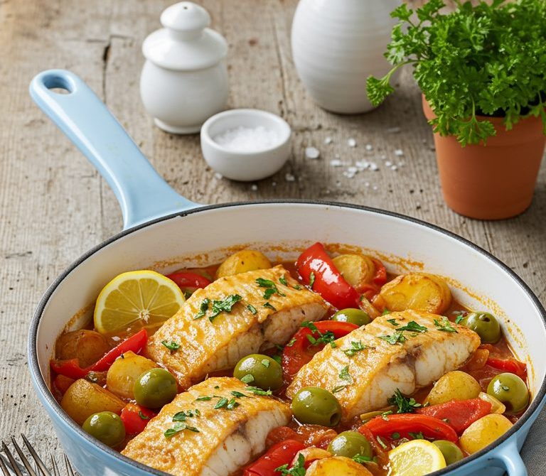 Portuguese Hake Stew with Peppers and Olives