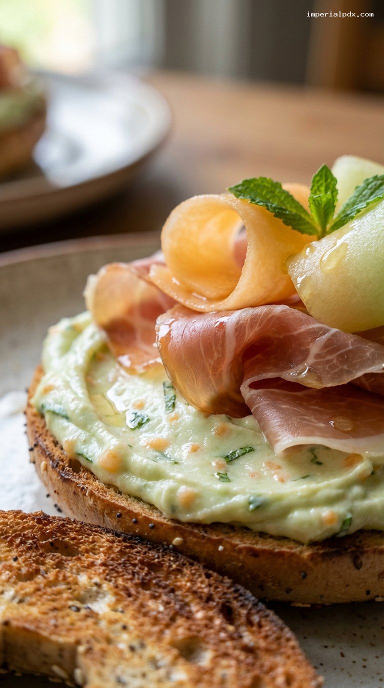 Prosciutto & Melon Cream Cheese Bagel – Closeup