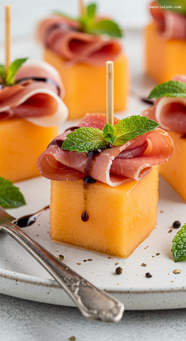 Prosciutto-Wrapped Melon Skewers with Balsamic and Mint – Closeup