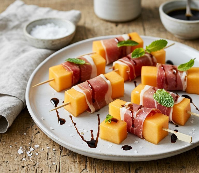 Prosciutto-Wrapped Melon Skewers with Balsamic and Mint