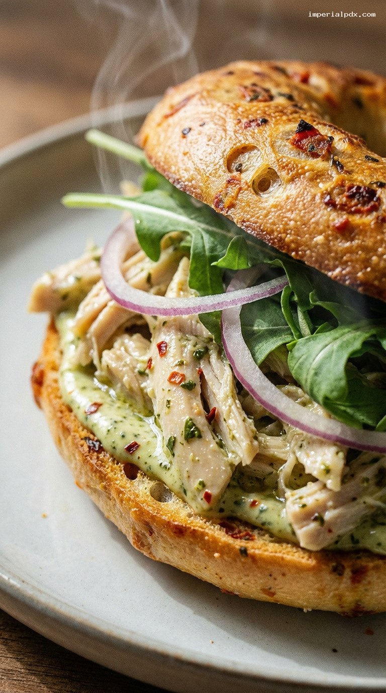 Pulled Chicken Pesto Mayo Bagel Sandwich – Closeup