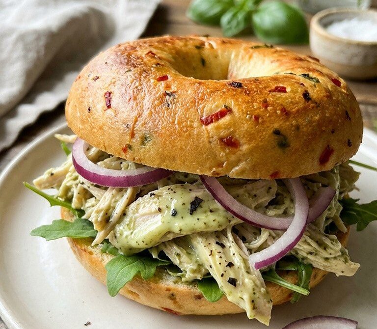 Pulled Chicken Pesto Mayo Bagel Sandwich