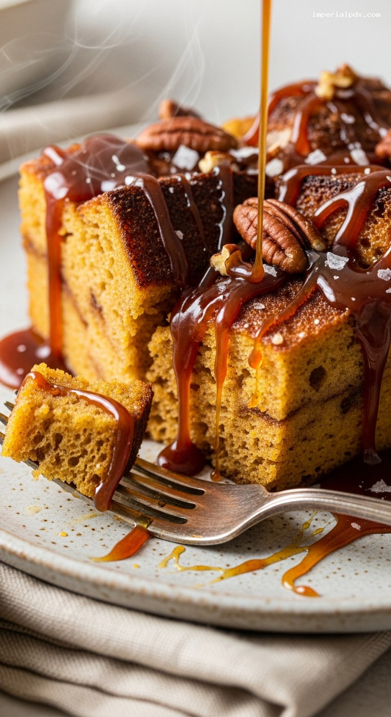 Pumpkin Bread Pudding with Warm Caramel Sauce – Closeup