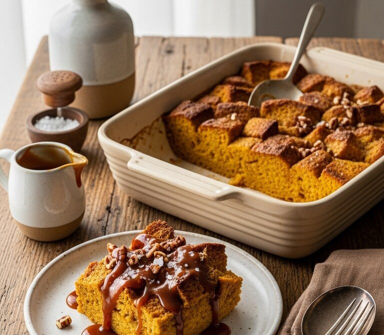 Pumpkin Bread Pudding with Warm Caramel Sauce