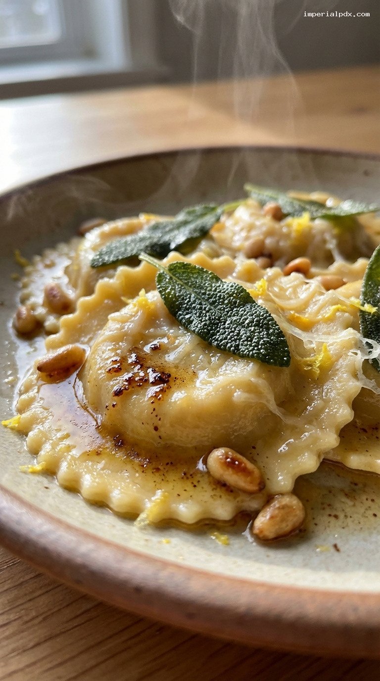 Pumpkin Ravioli With Brown Butter Sage and Pine Nuts – Closeup