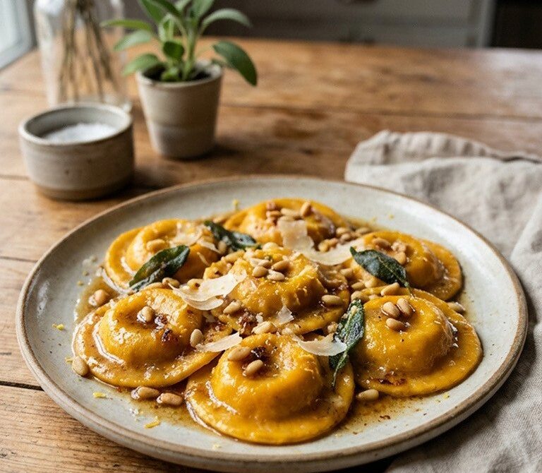 Pumpkin Ravioli With Brown Butter Sage and Pine Nuts