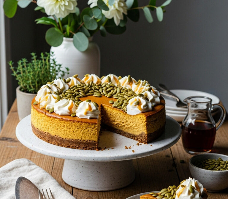 Pumpkin Spice Cheesecake with Gingersnap Crust and Maple Whipped Cream