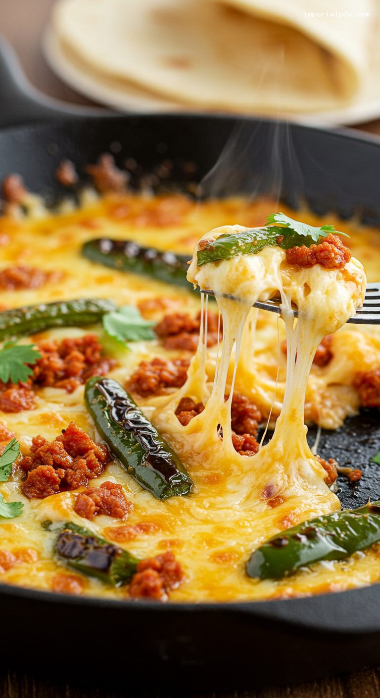 Queso Fundido with Chorizo and Rajas – Closeup