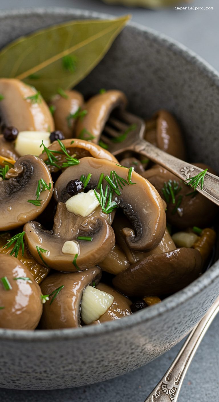 Quick-Marinated Forest Mushrooms with Garlic and Dill – Closeup