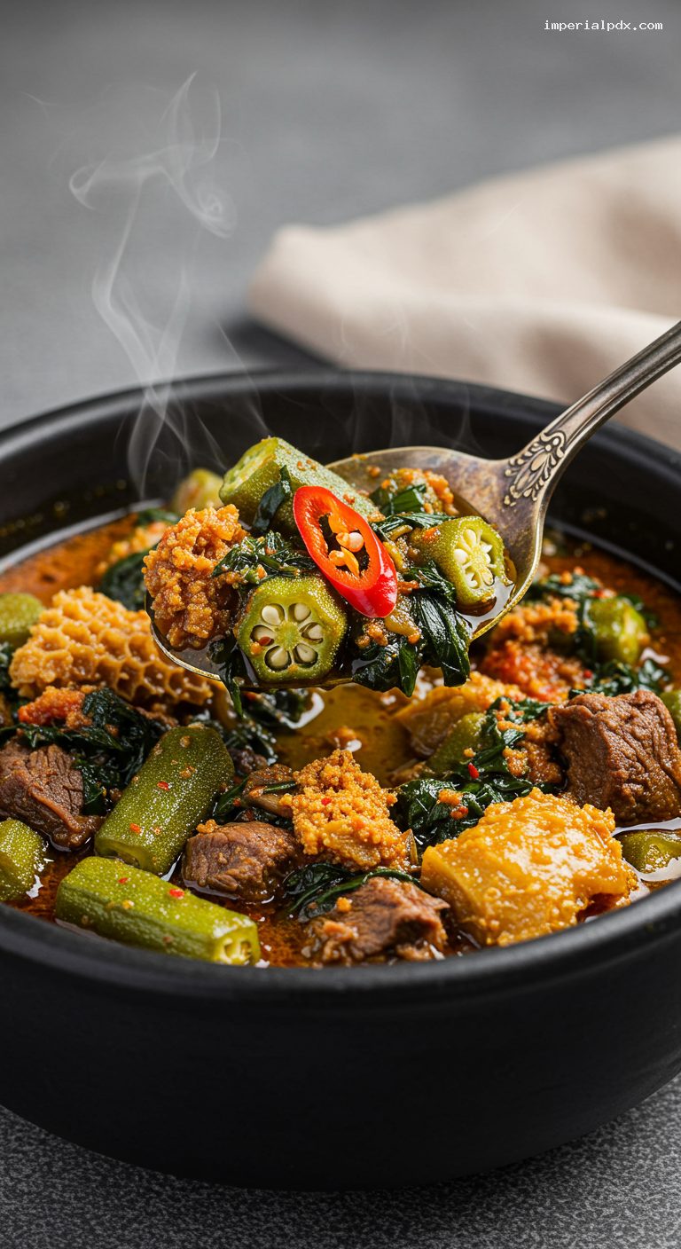 Quick Nigerian Okra Soup (Ìlá Alásèpò) with Mixed Meats – Closeup