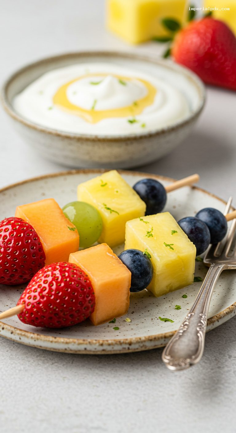 Rainbow Fruit Skewers with Honey-Lime Yogurt Dip – Closeup