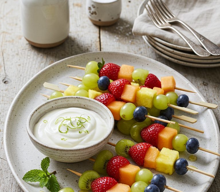 Rainbow Fruit Skewers with Honey-Lime Yogurt Dip