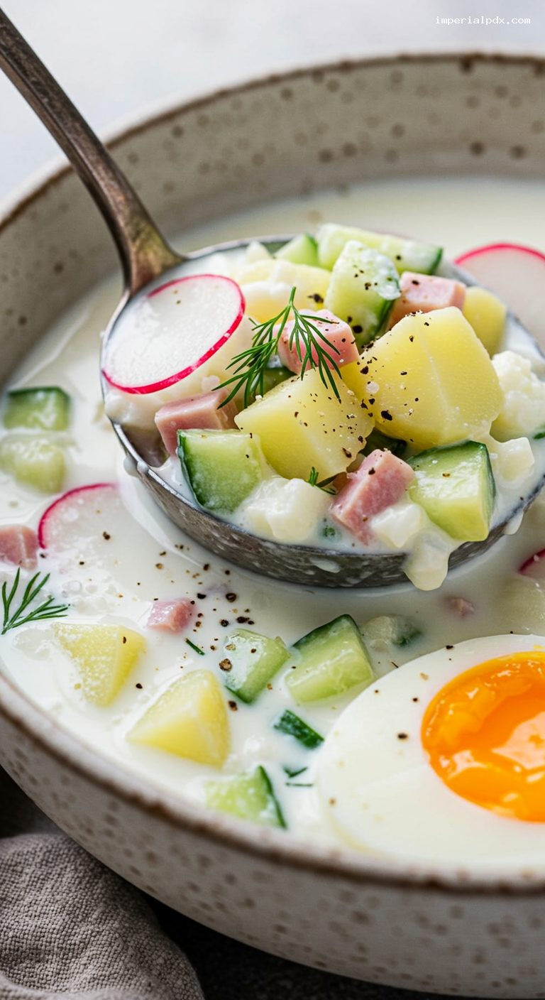 Refreshing Okroshka: Chilled Kefir or Kvass Soup – Closeup