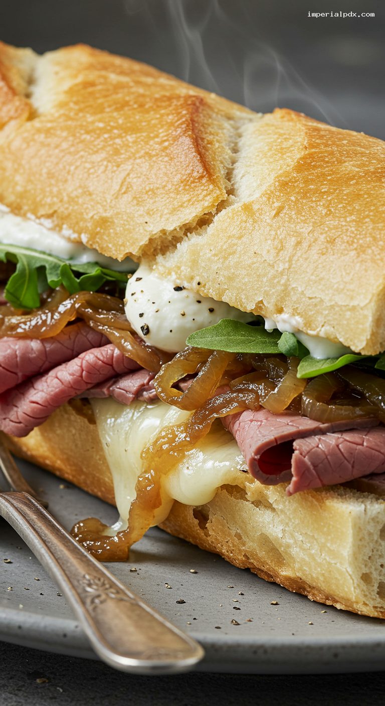 Roast Beef and Horseradish Baguette with Cheddar and Arugula – Closeup