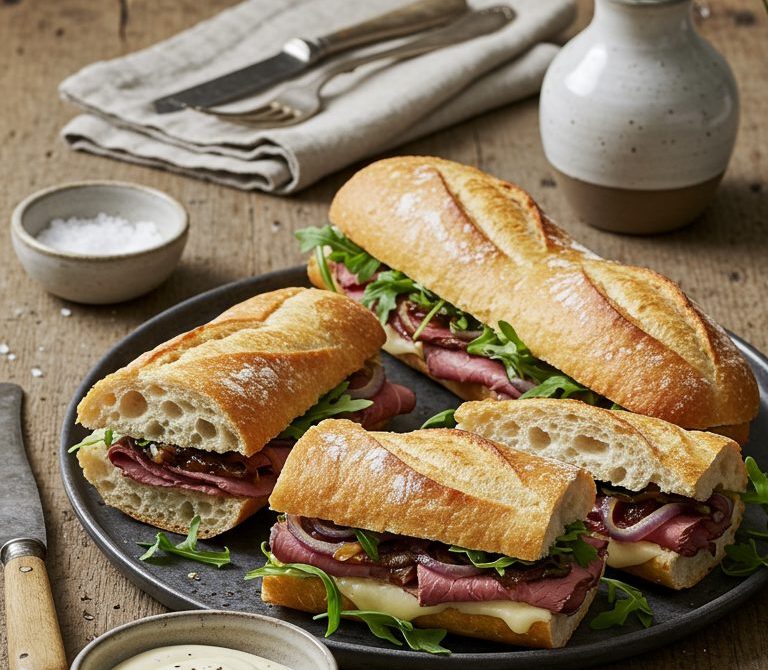 Roast Beef and Horseradish Baguette with Cheddar and Arugula