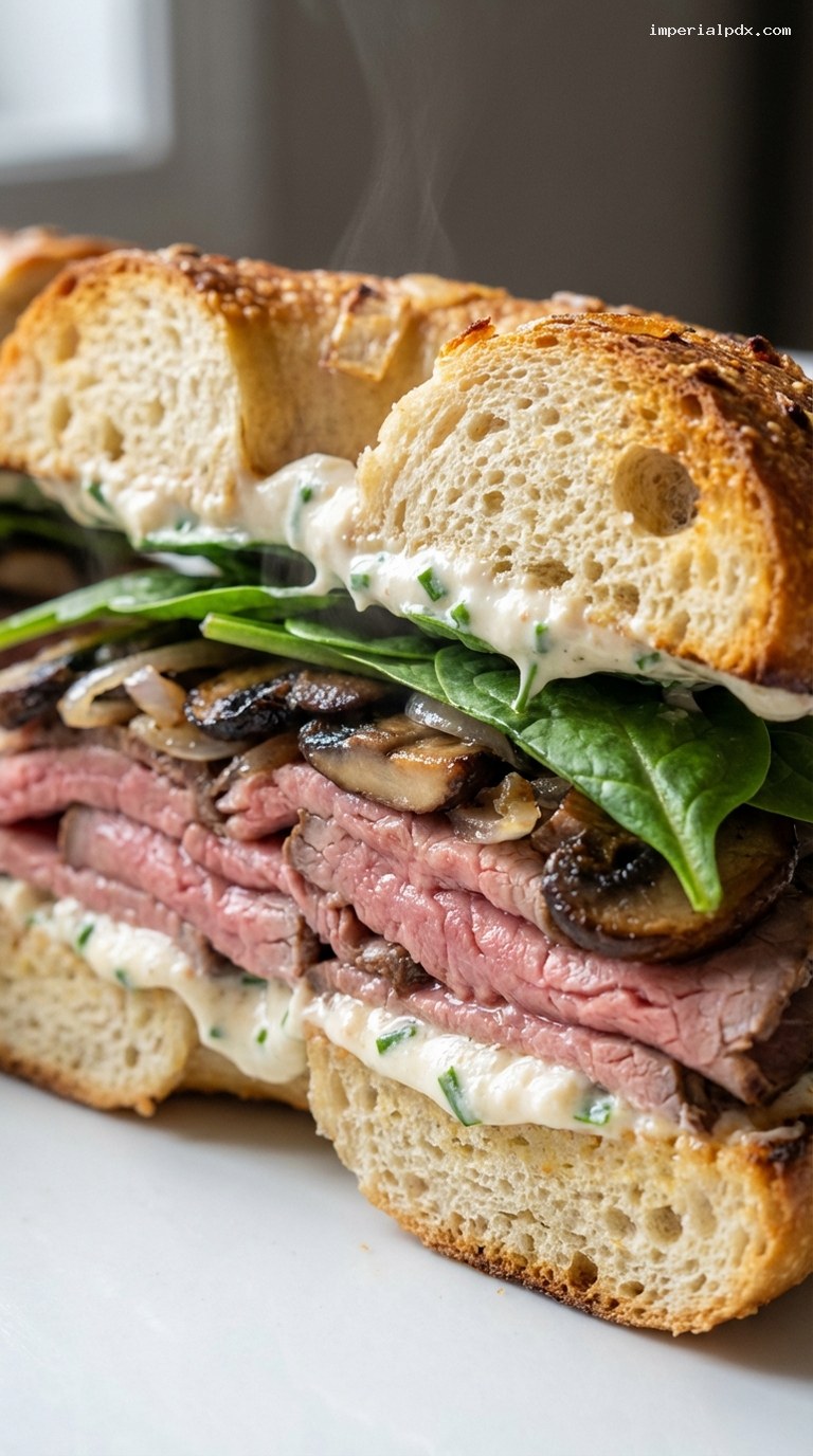 Roast Beef and Horseradish Onion Bagel Sandwich – Closeup