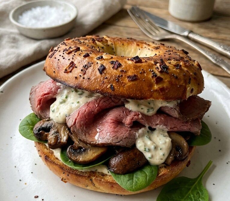 Roast Beef and Horseradish Onion Bagel Sandwich