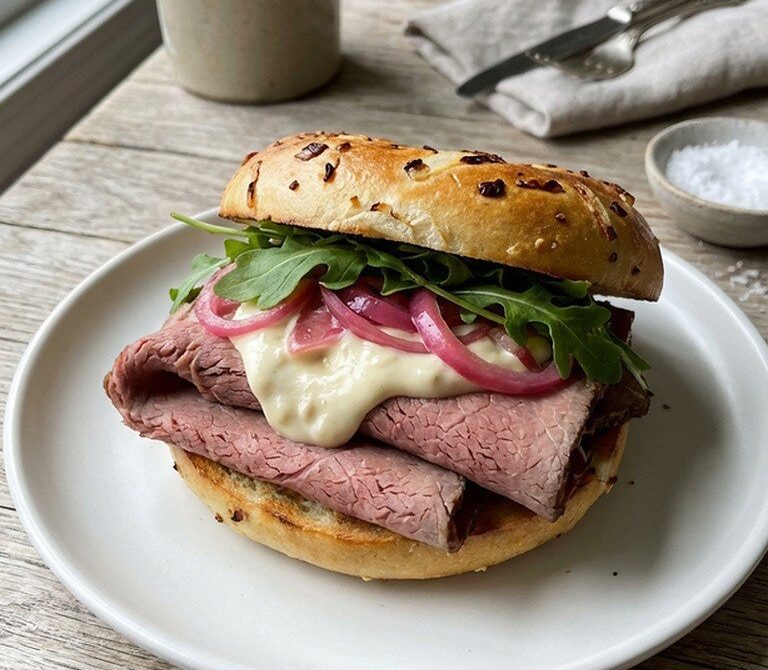 Roast Beef Bagel With Caramelized Garlic Aioli