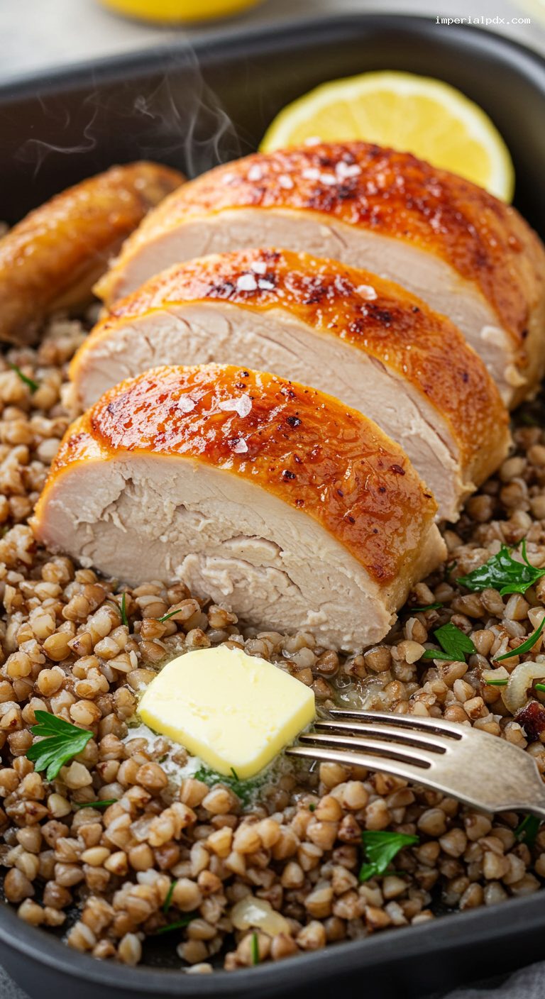 Roast Chicken Over Buttered Buckwheat and Onions – Closeup