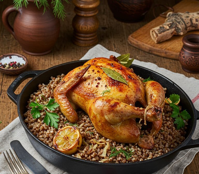 Roast Chicken Over Buttered Buckwheat and Onions