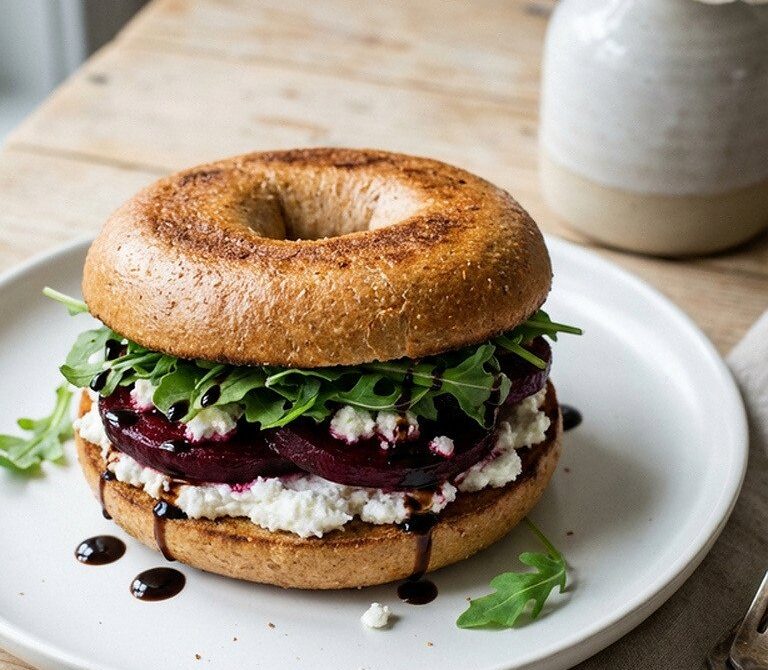Roasted Beet and Goat Cheese Bagel with Arugula