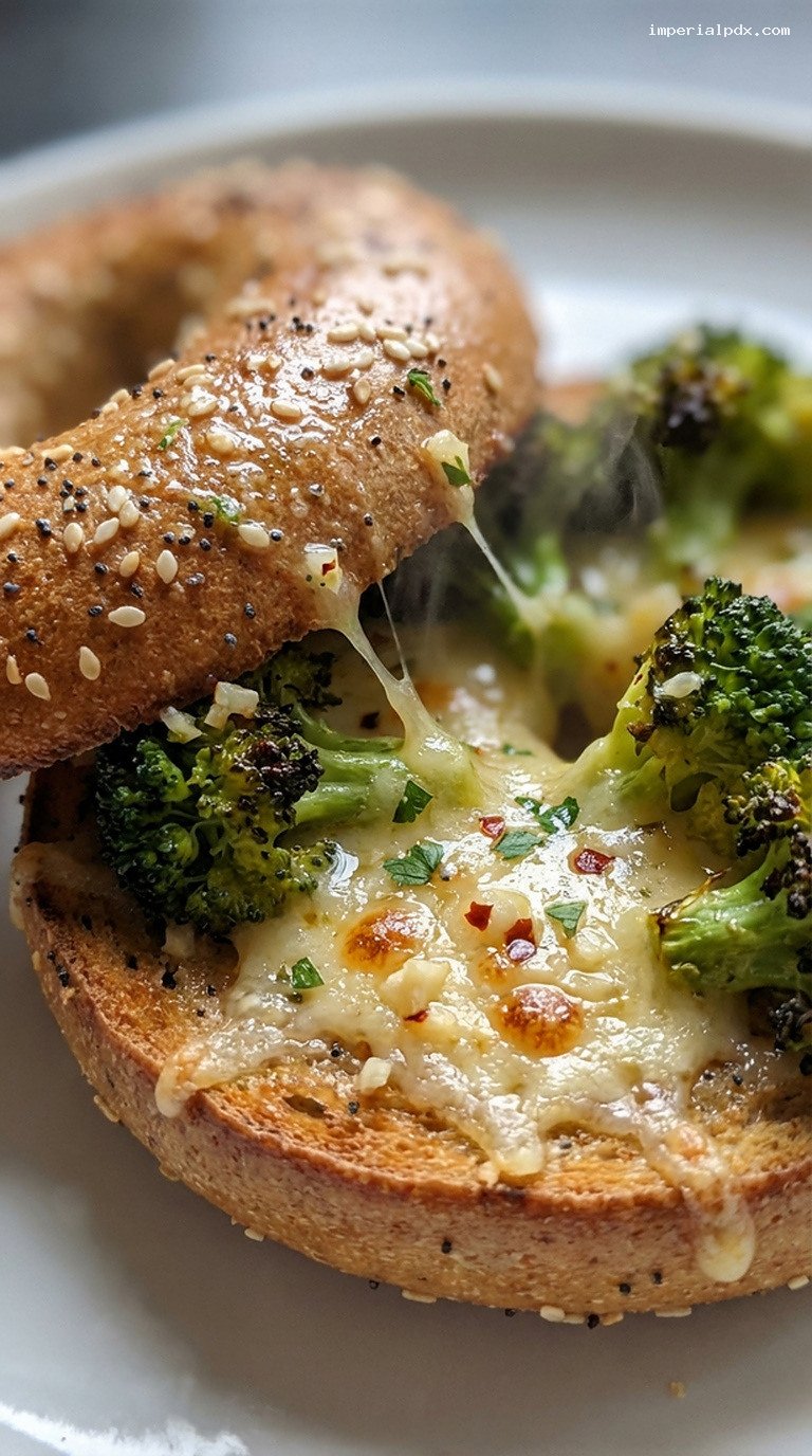 Roasted Broccoli and Cheddar Bagel Melt – Closeup
